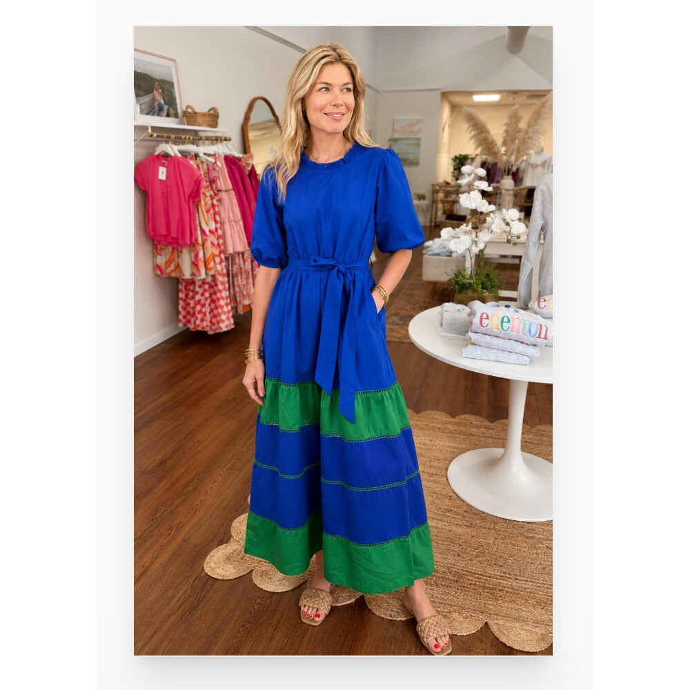 Maude Vivante Miley Dress Womens Small Blue Green Colorblock Tiered Maxi Belted